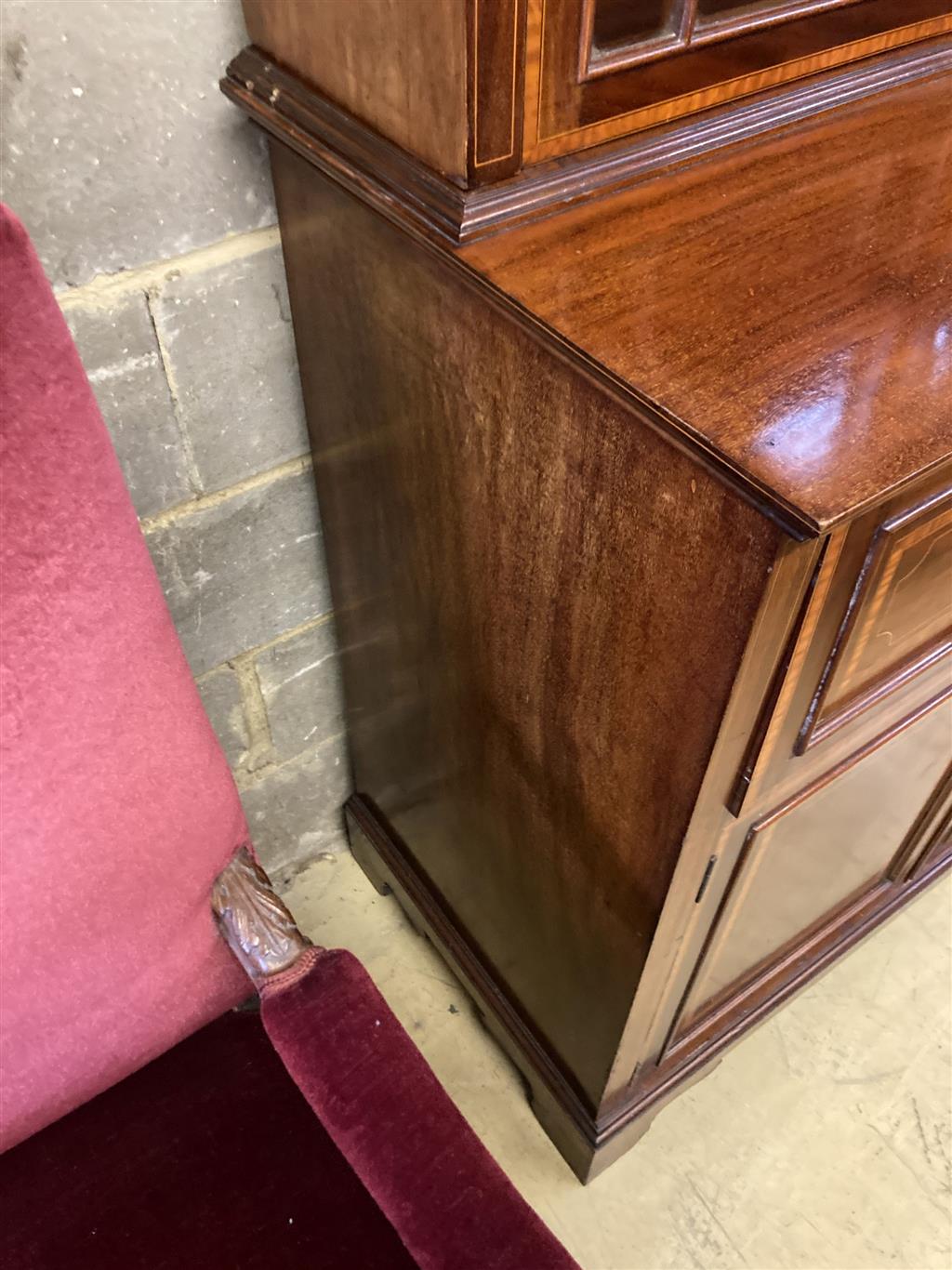 An Edwardian mahogany W&G (?) inlaid secretaire bookcase, width 107cm, depth 54cm, height 240cm